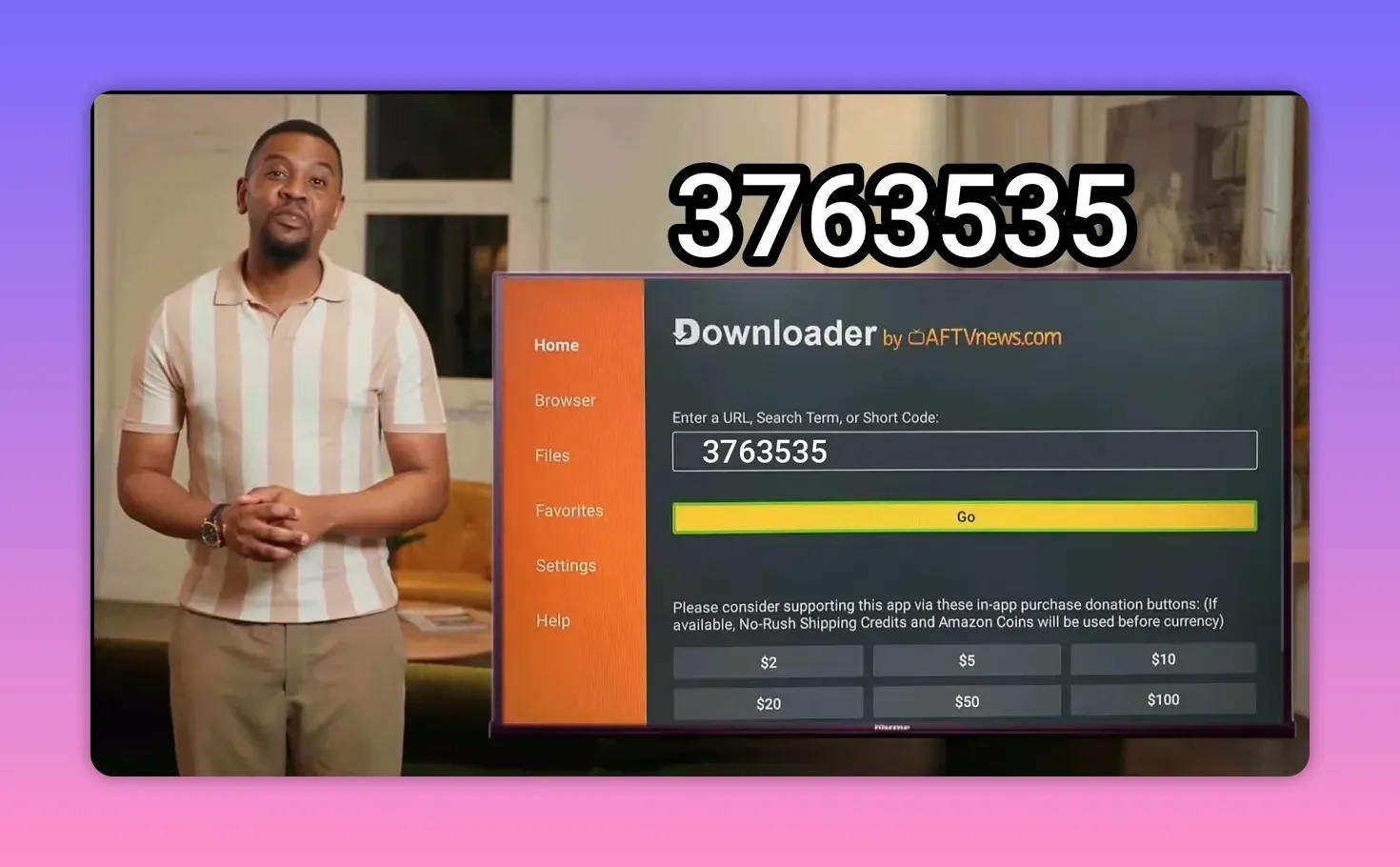 Downloader app screen showing Dashboard code 3763535 ready to install