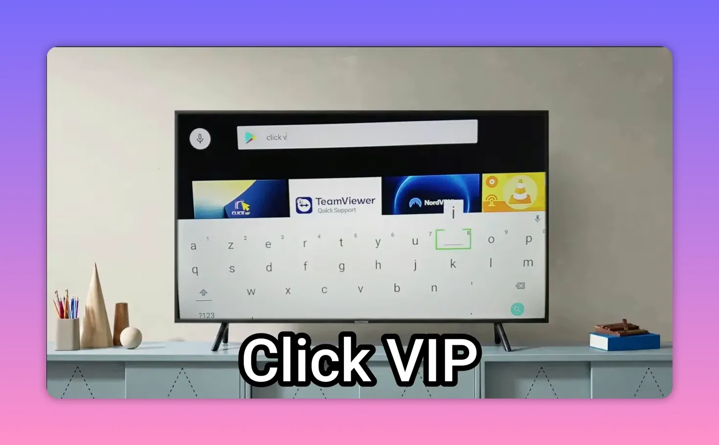 Android TV search input for Click VIP app with on-screen keyboard visible