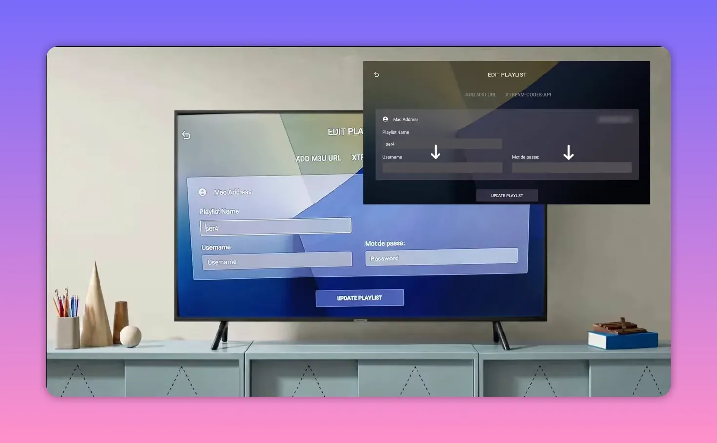 Edit playlist screen on Android TV showing fields for username and password