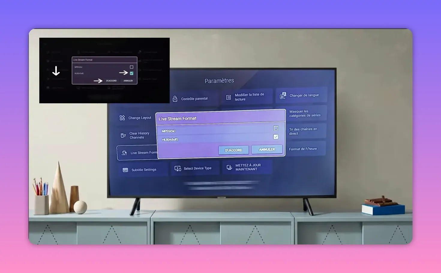 Live Stream Format settings showing selected stream type for live playback
