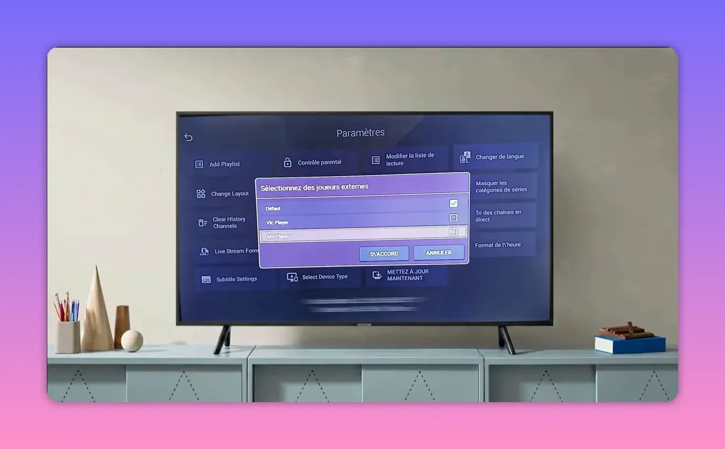 Android TV app settings window showing external player options VLC and MX Player