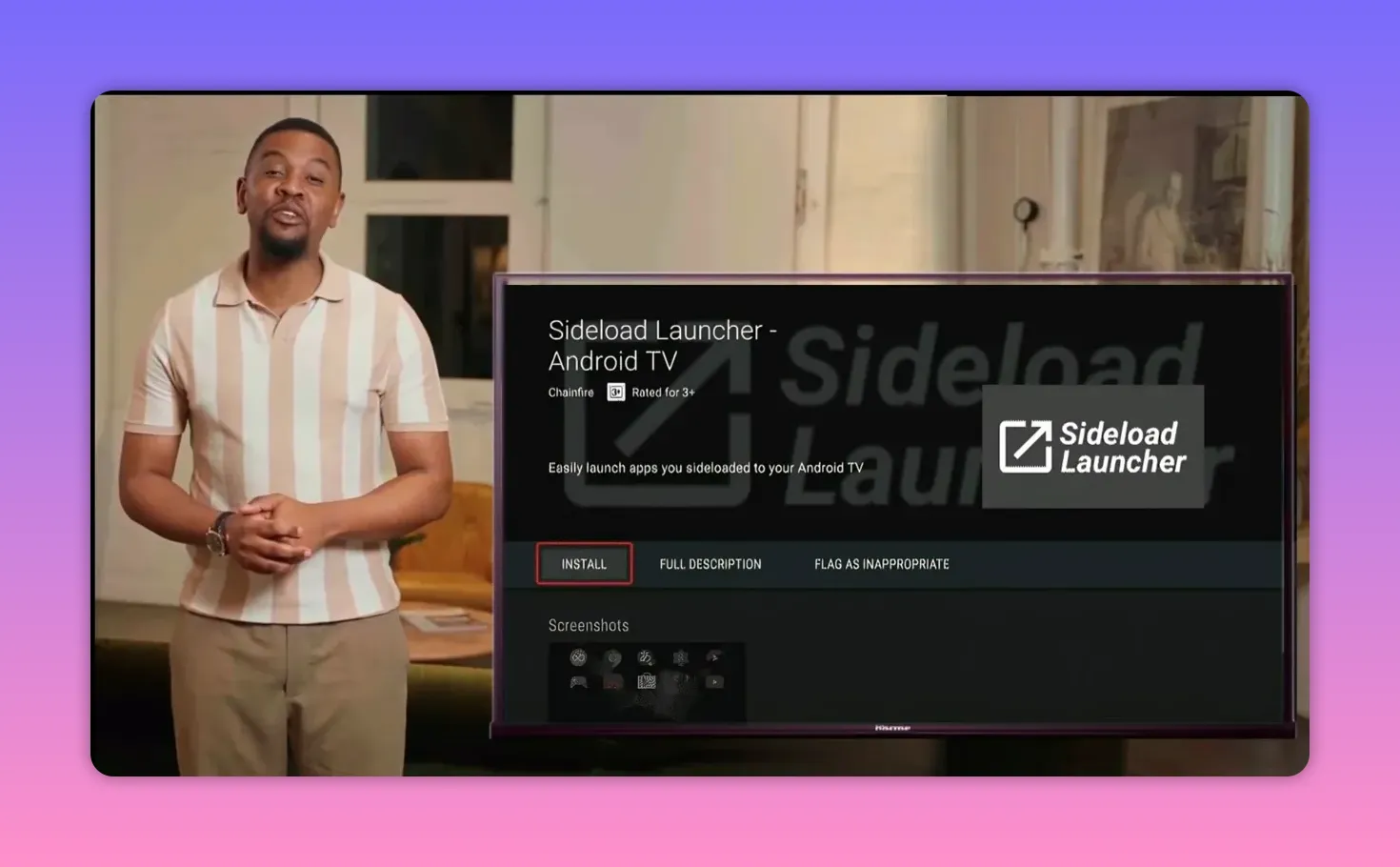 Sideload Launcher app page showing install button and screenshots