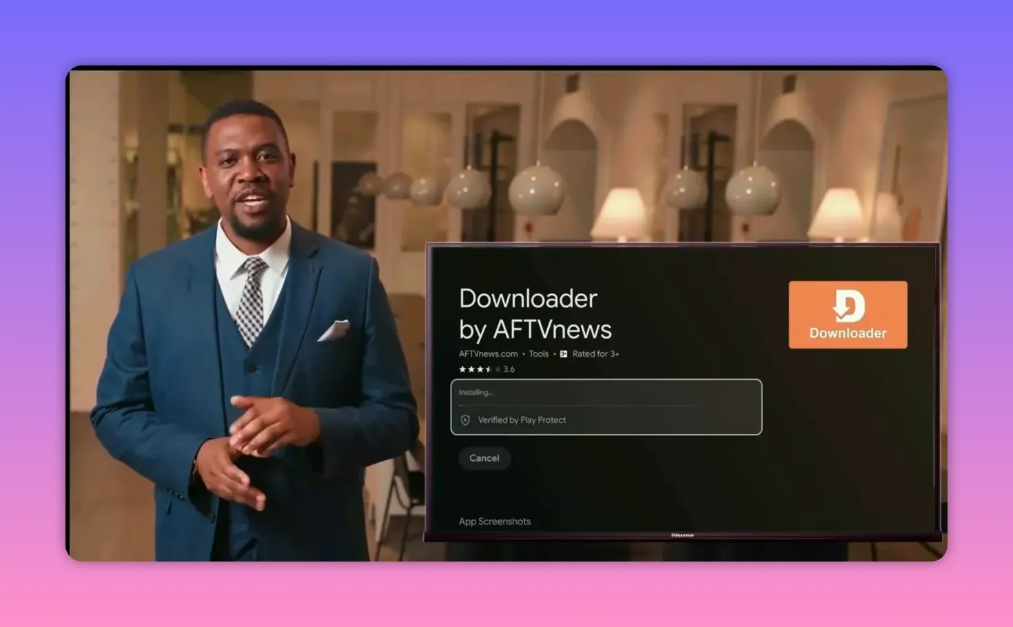 Downloader by AFTVnews open on Android TV with installing screen
