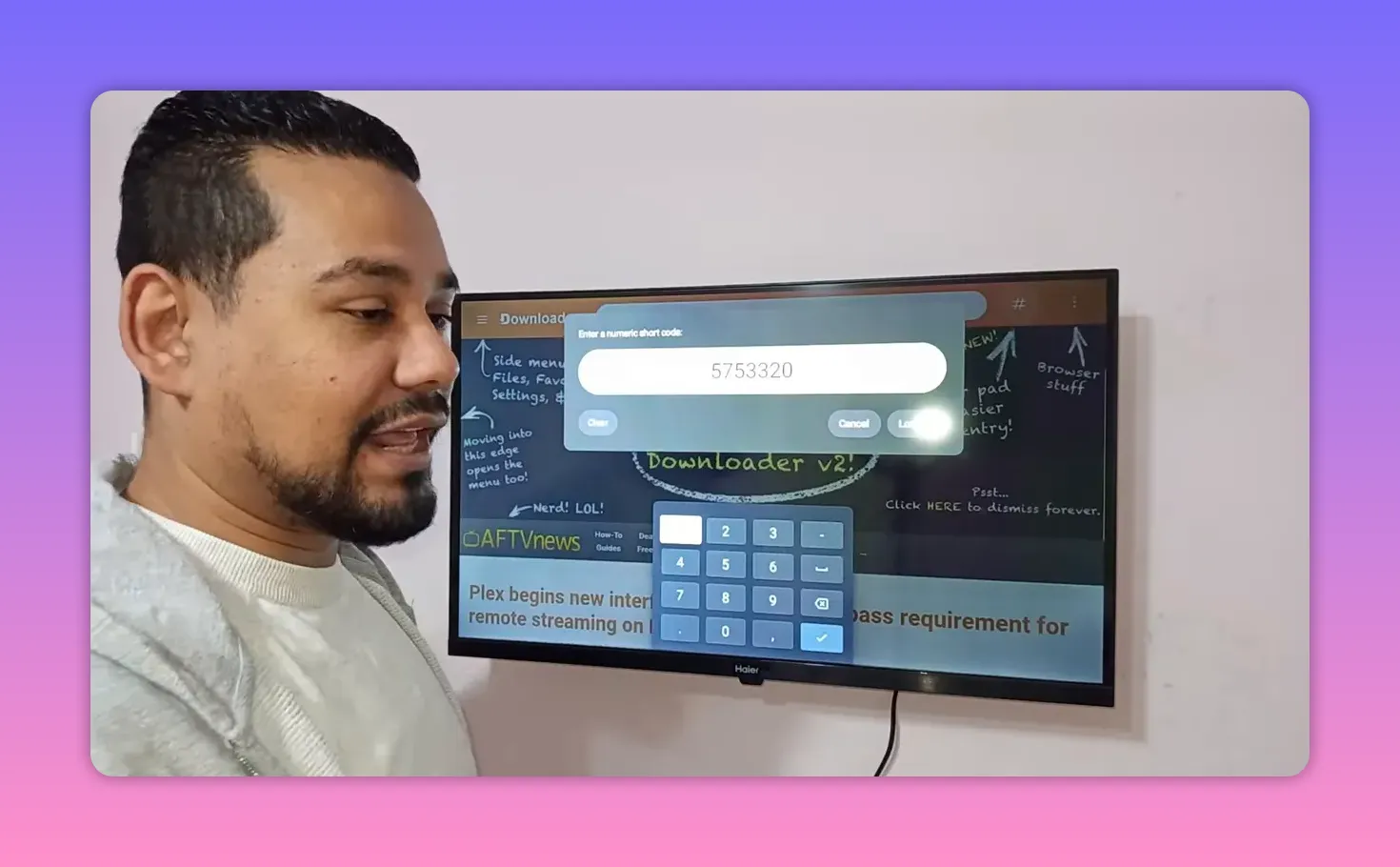 Android TV Downloader app showing entered code 5753320 and download screen
