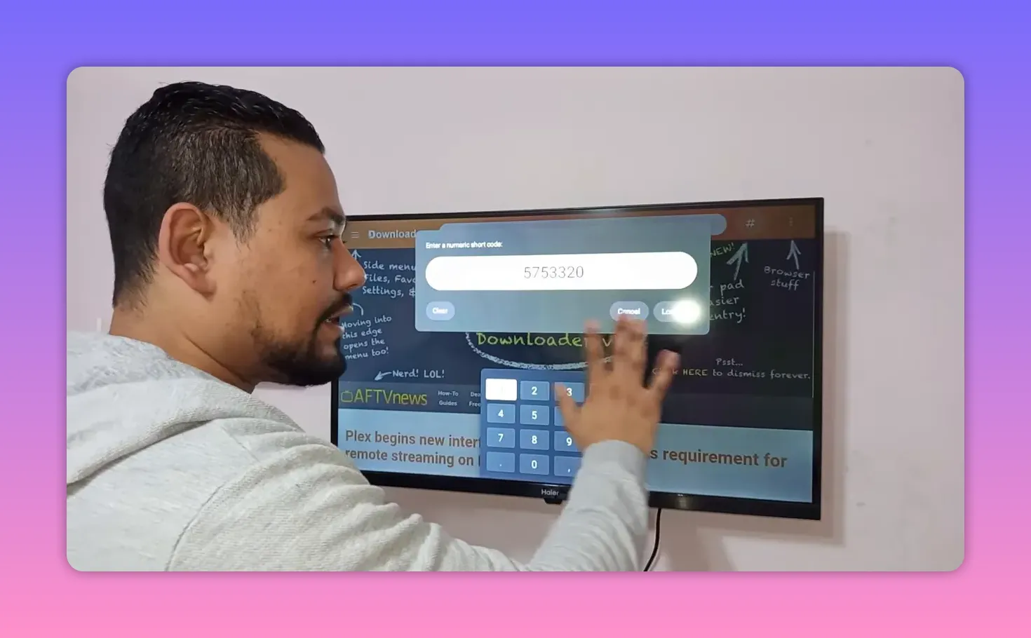 Android TV Downloader screen with code prompt 5753320 and download button area