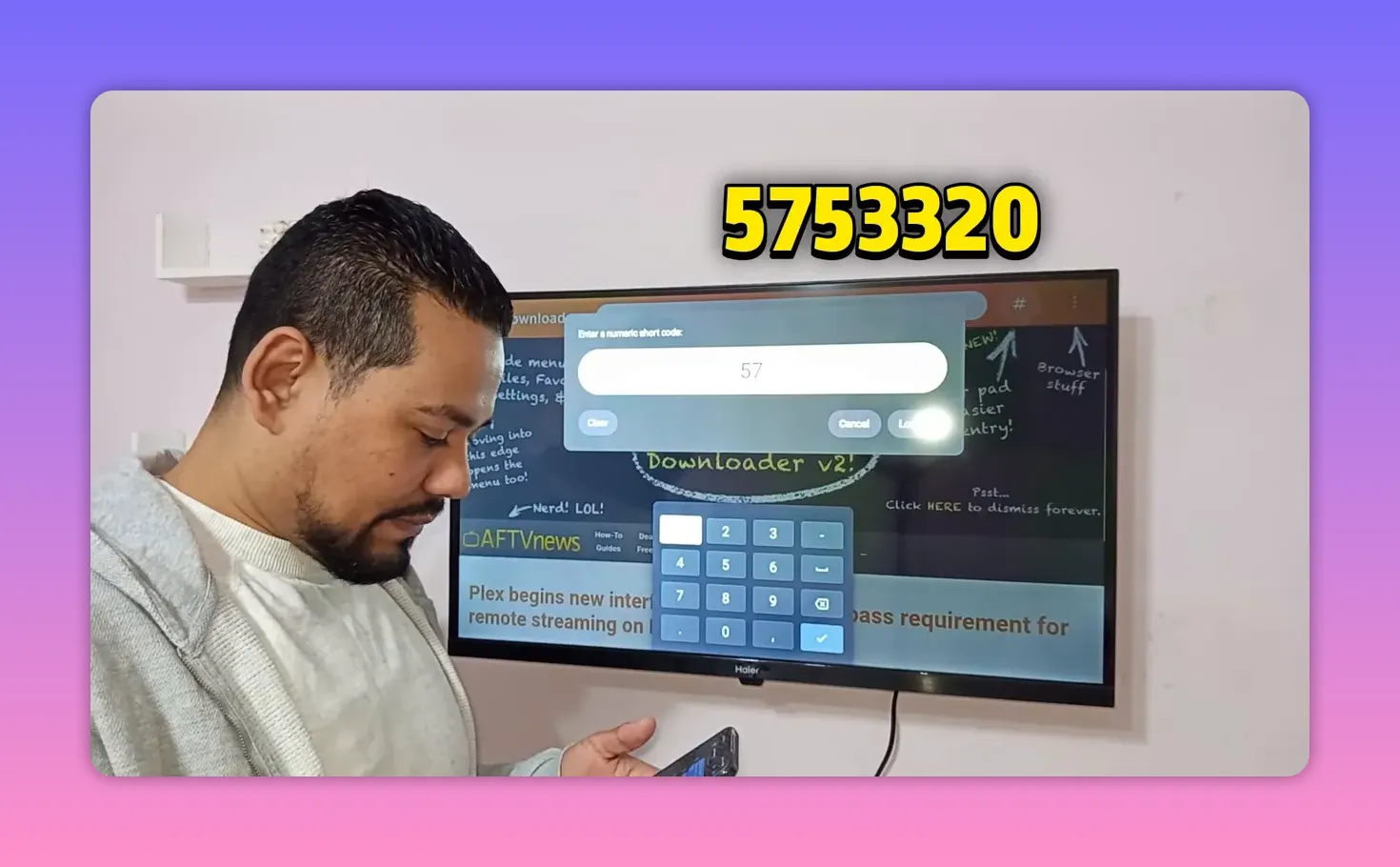 Downloader V2 displaying the code 575320 in the short code input