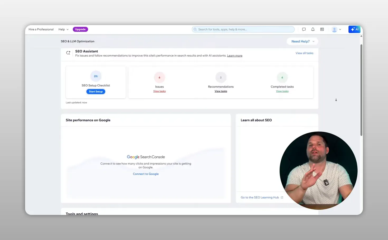Bảng điều khiển thiết lập SEO của Wix với các bước tối ưu website