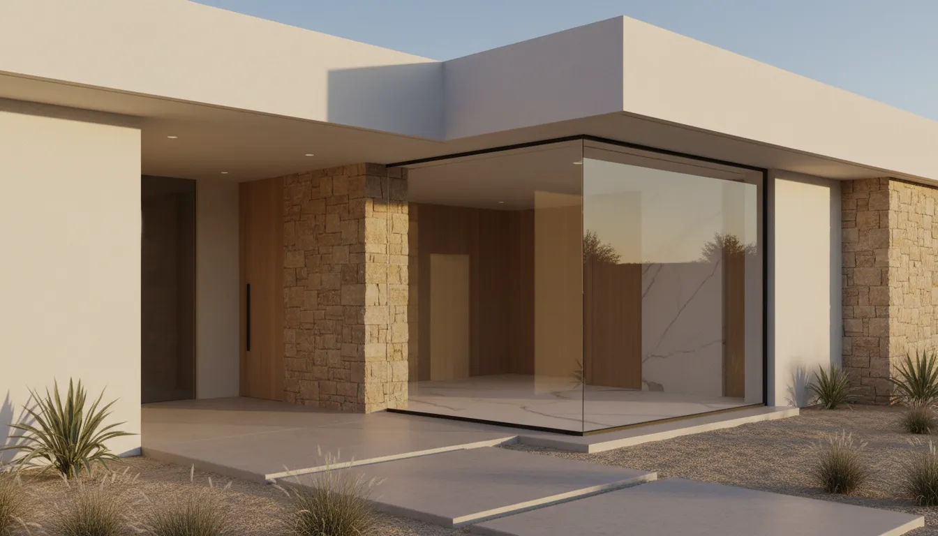 Elegant minimalist home exterior with smooth stucco and natural stone facade, large window revealing serene neutral interior, warm golden-hour light and clean geometric lines