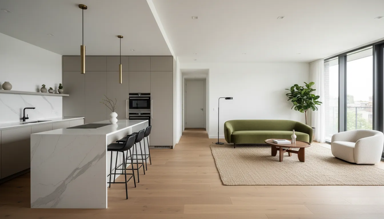 Photorealistic open-concept kitchen and living room with island, sofa, continuous wood flooring, layered lighting, and unobstructed walkways