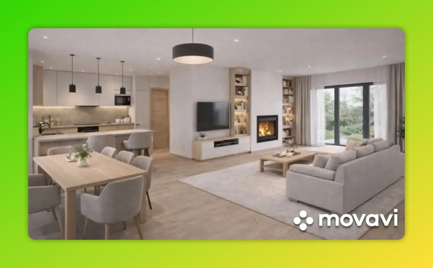 Open-plan living and kitchen showing island with bar stools, coffee table and rug anchoring the seating area next to large windows.