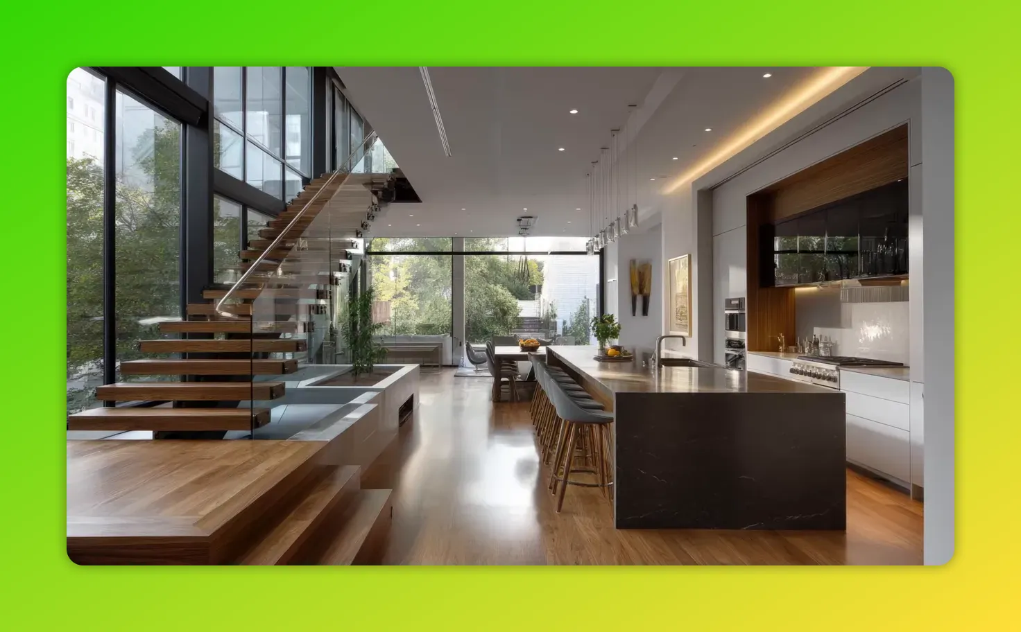 Contemporary kitchen and dining area with floor-to-ceiling windows, floating timber staircase and dark stone island