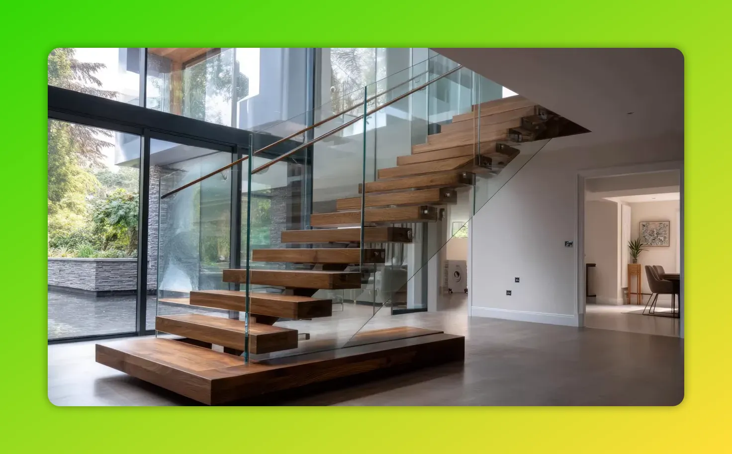 floating timber staircase as architectural sculpture with frameless glass balustrade and large windows