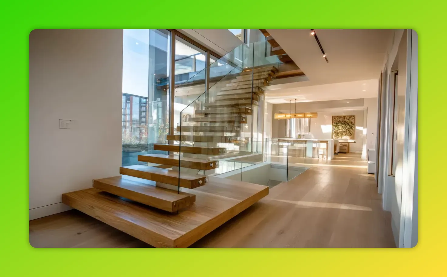 Floating timber staircase with glass balustrade in a sunlit hallway with kitchen visible in background