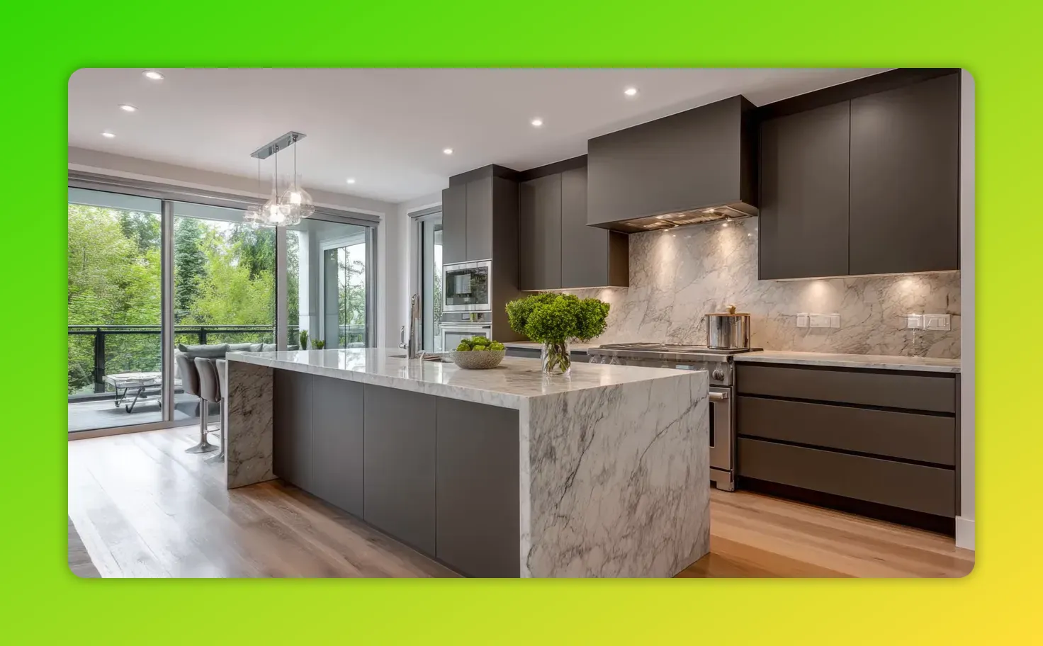 Modern kitchen with marble waterfall island, handless matte grey cabinetry, pendant lights and integrated appliances