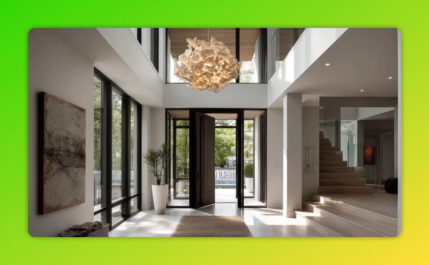 Two‑storey foyer with a dramatic chandelier, open wooden pivot door, potted plant and adjacent staircase.