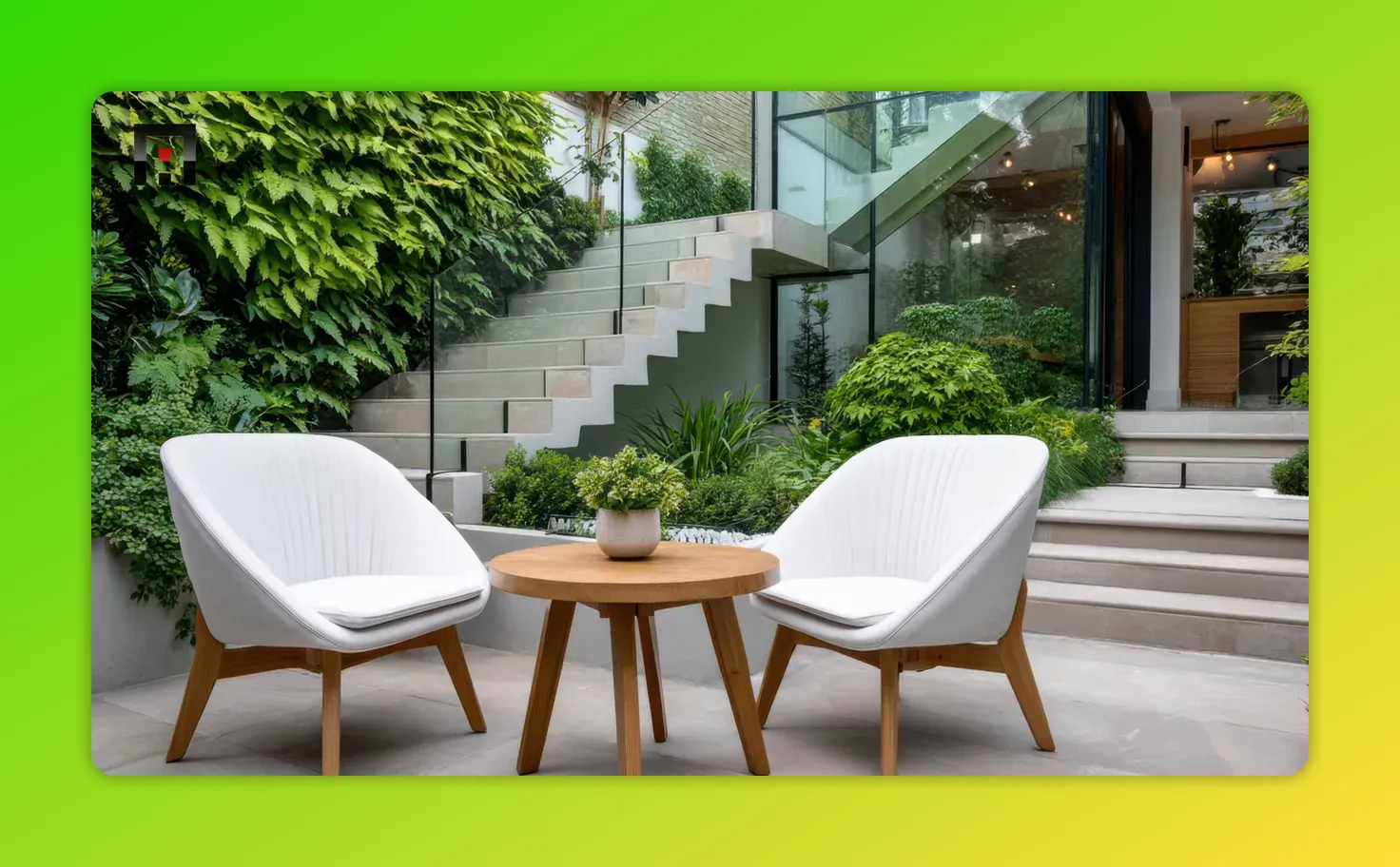 Small modern courtyard showing two white chairs around a wooden table, concrete steps and vertical planting — clear and well-composed.