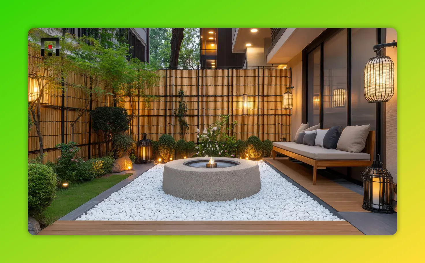 Zen-style courtyard with white pebbles, central circular feature, bamboo fence and lantern lighting