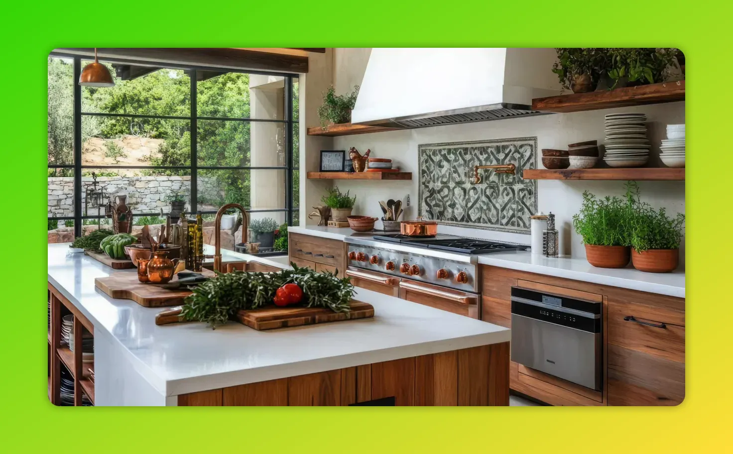 Tuscan-style kitchen with white island, open wooden shelves, copper cookware and integrated dishwasher.