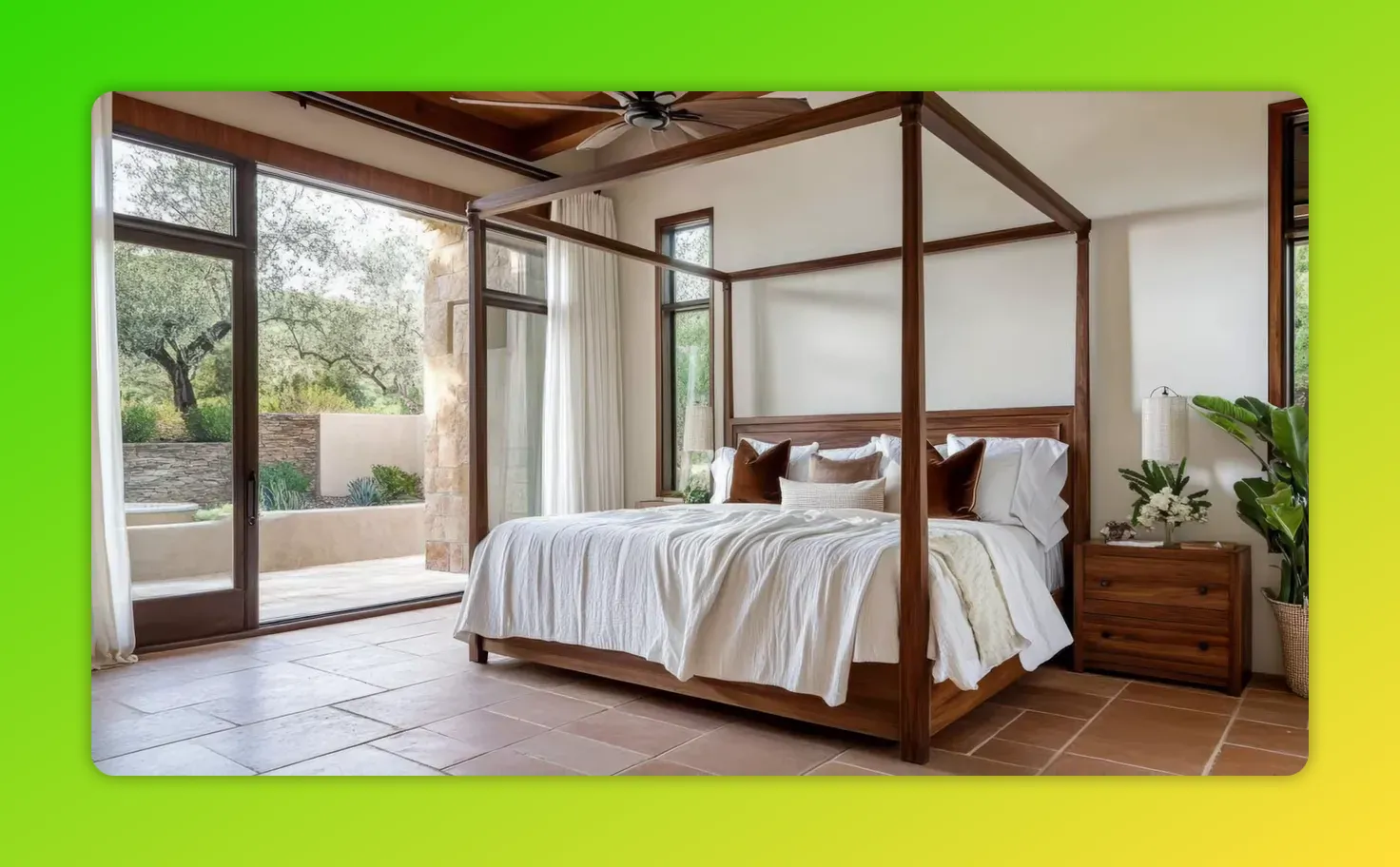 Bright Tuscan bedroom featuring a wooden four-poster bed dressed in white linen, terracotta floor tiles and large sliding glass doors to an outdoor patio.