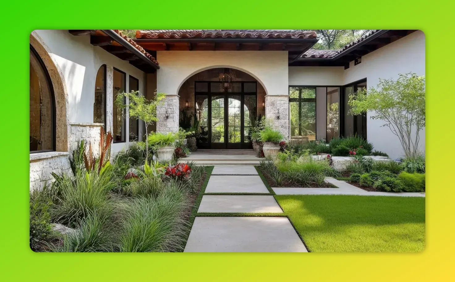 Centered concrete path leading to an arched entrance of a Tuscan-style home with terracotta roof, stone columns and lush landscaping.