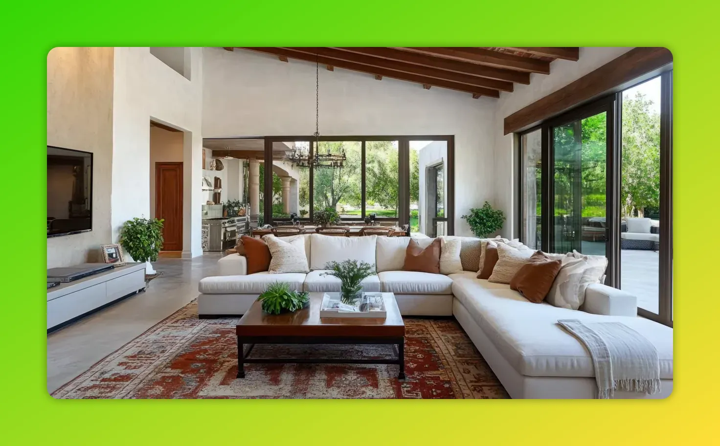 Tuscan living room with exposed wood beams, textured plaster walls, white sectional sofa, wooden coffee table and patterned rug