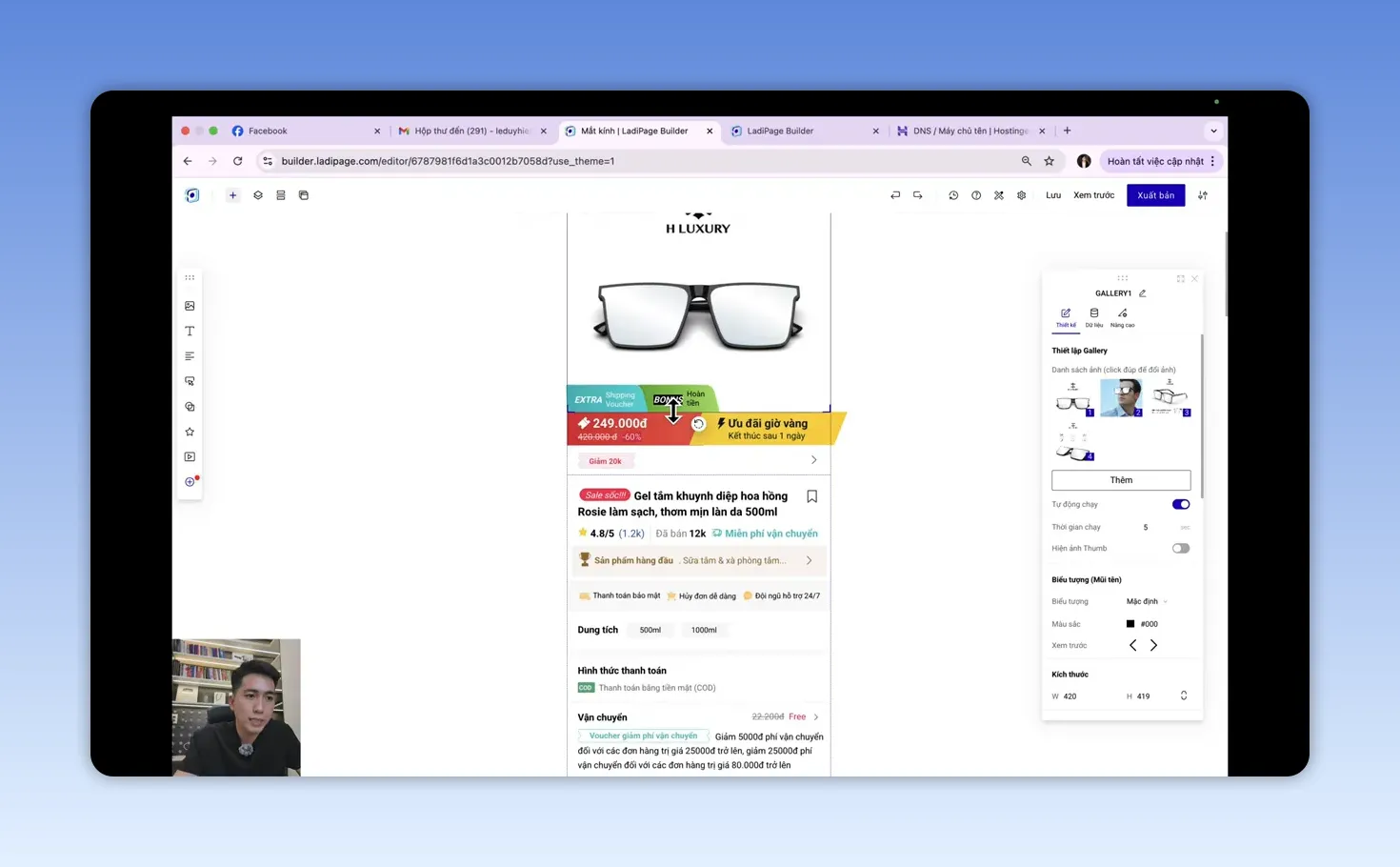Trình chỉnh sửa Ladipage hiển thị landing page kính mắt trên giao diện điện thoại