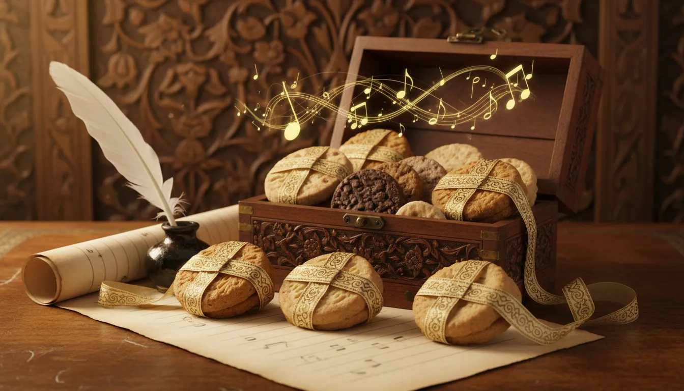 Ornate open wooden box of assorted paired biscuits symbolizing ghazal couplets, with a quill, inkpot and floating musical motifs indicating rhythm and melody