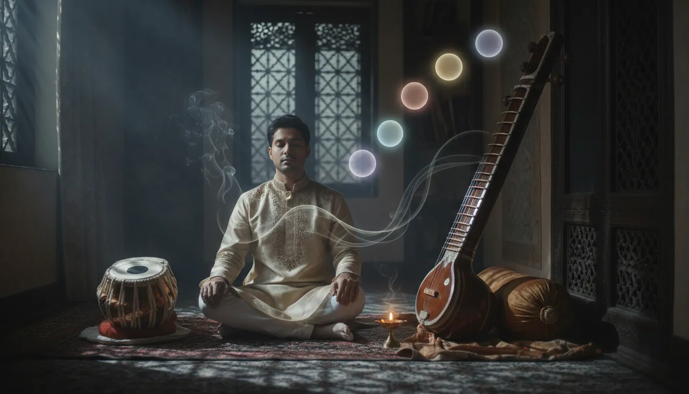 Meditative night scene for Raga Malkauns: vocalist with tanpura and tabla, five glowing orbs representing the pentatonic notes, moonlight and diya glow, incense smoke