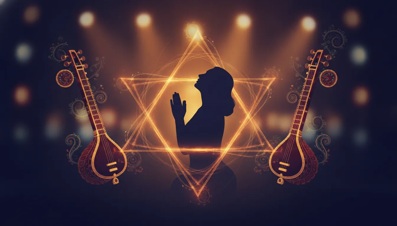 Cinematic illustration of an Indian classical vocalist and sitar/veena motifs with flowing three-point rhythm light patterns evoking Raga Bilasakhani Todi and teen tal—no text.