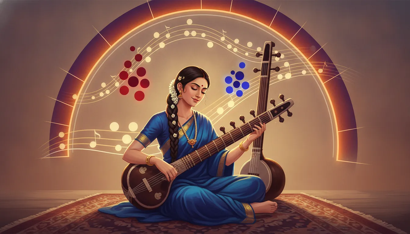 राग भैरव शैली में अमूर्त संगीत नोट पैटर्न और हाइलाइट किए गए रे और ध स्वर के साथ राग मेरुखंड का अभ्यास करने वाले एक शास्त्रीय संगीतकार का शब्दहीन चित्रण।