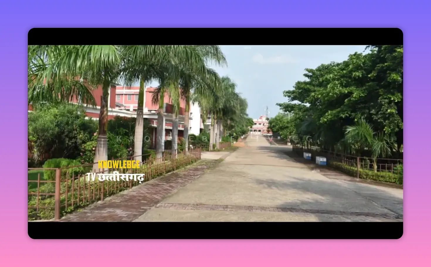 इंदिरा कला संगीत विश्वविद्यालय का पेड़ों से घिरा मुख्य मार्ग और इमारतें