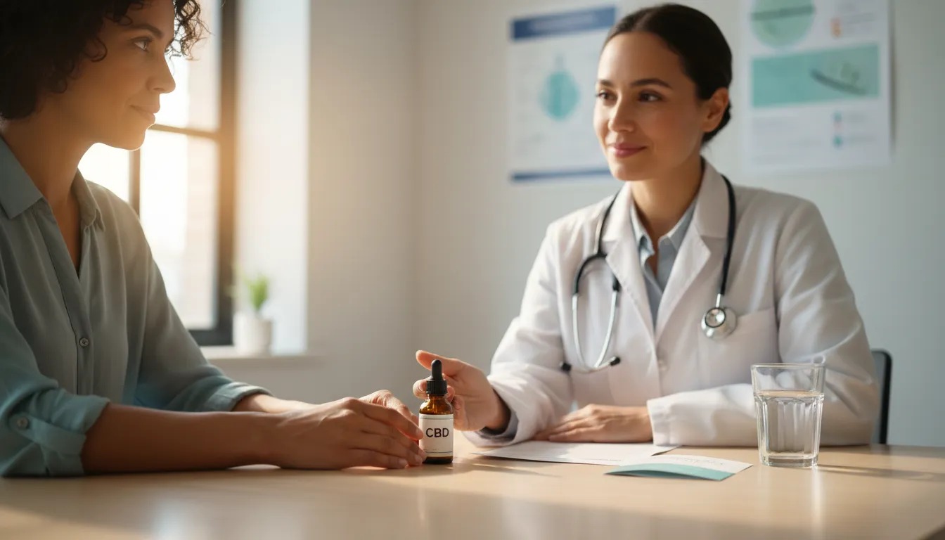 Patient and healthcare provider discussing CBD oil with an amber dropper bottle labeled 'CBD' on the clinic table