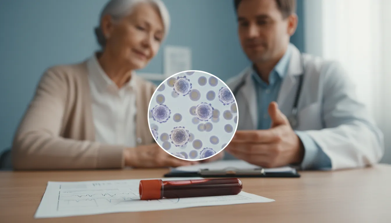 Older patient and clinician reviewing a blood vial with a magnified view of lymphocytes, representing chronic lymphocytic leukaemia diagnosis