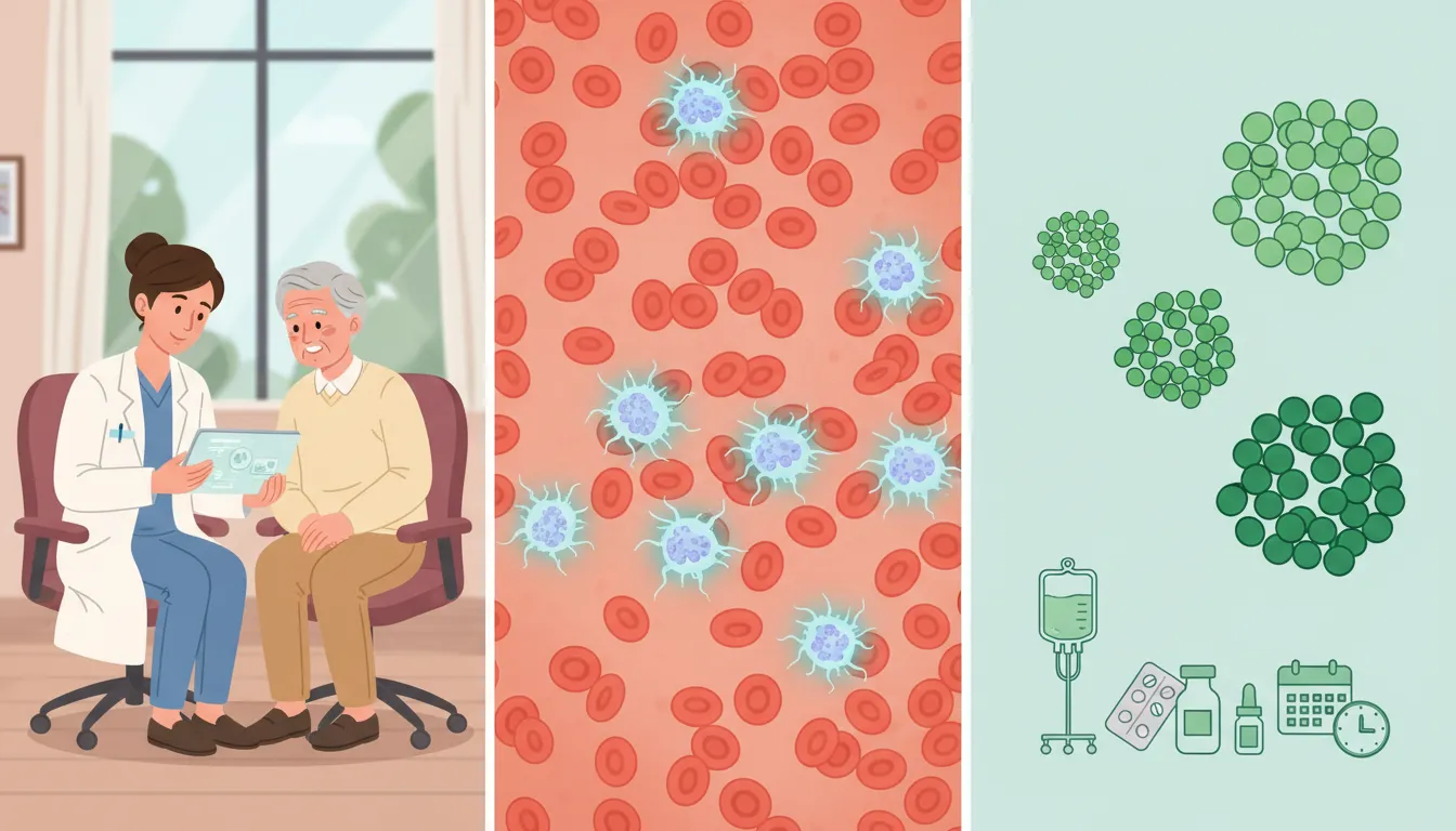 Hematologist and older patient reviewing a tablet beside a microscope view of abnormal lymphocytes and a visual progression of lymph node clusters with treatment symbols, illustrating CLL diagnosis, staging, and treatment.