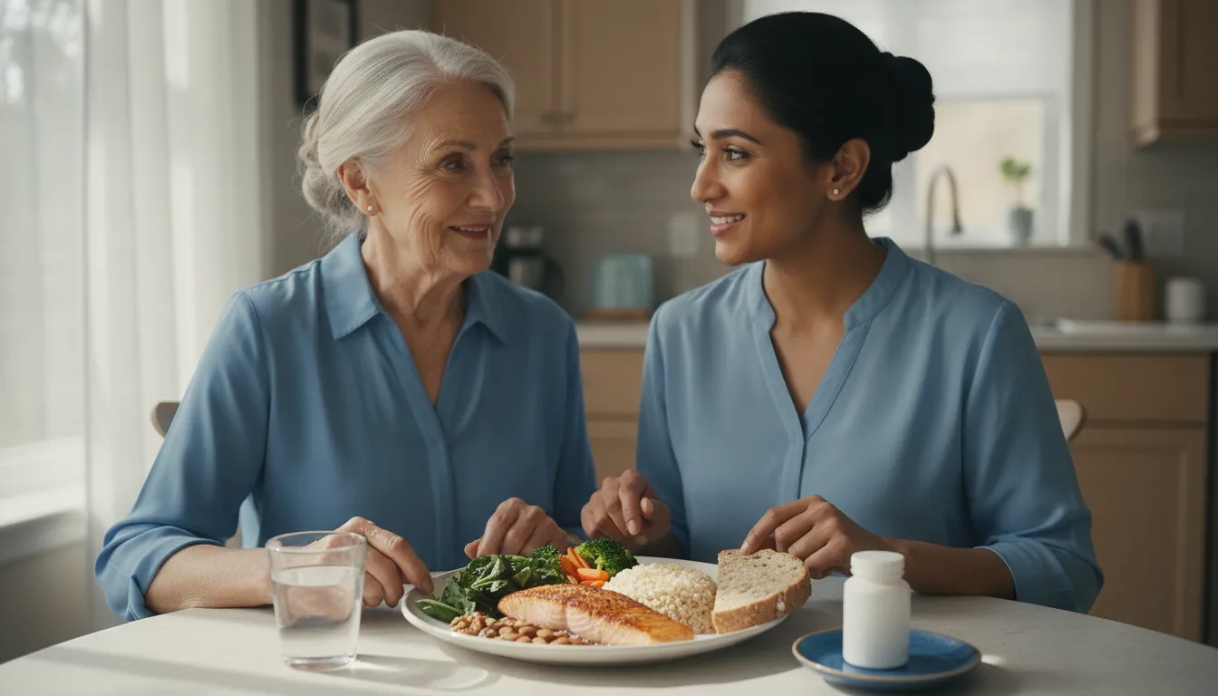 Older adult patient and caregiver/dietitian at a sunlit table with a balanced plate of vegetables, protein, whole grains, citrus, water, and a small unlabeled vitamin jar.
