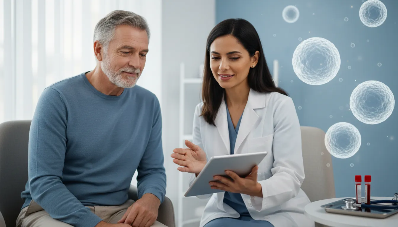 Doctor consulting an older patient about chronic lymphocytic leukaemia (CLL), with a soft-focus microscopic view of B lymphocytes in the background suggesting prognosis and monitoring