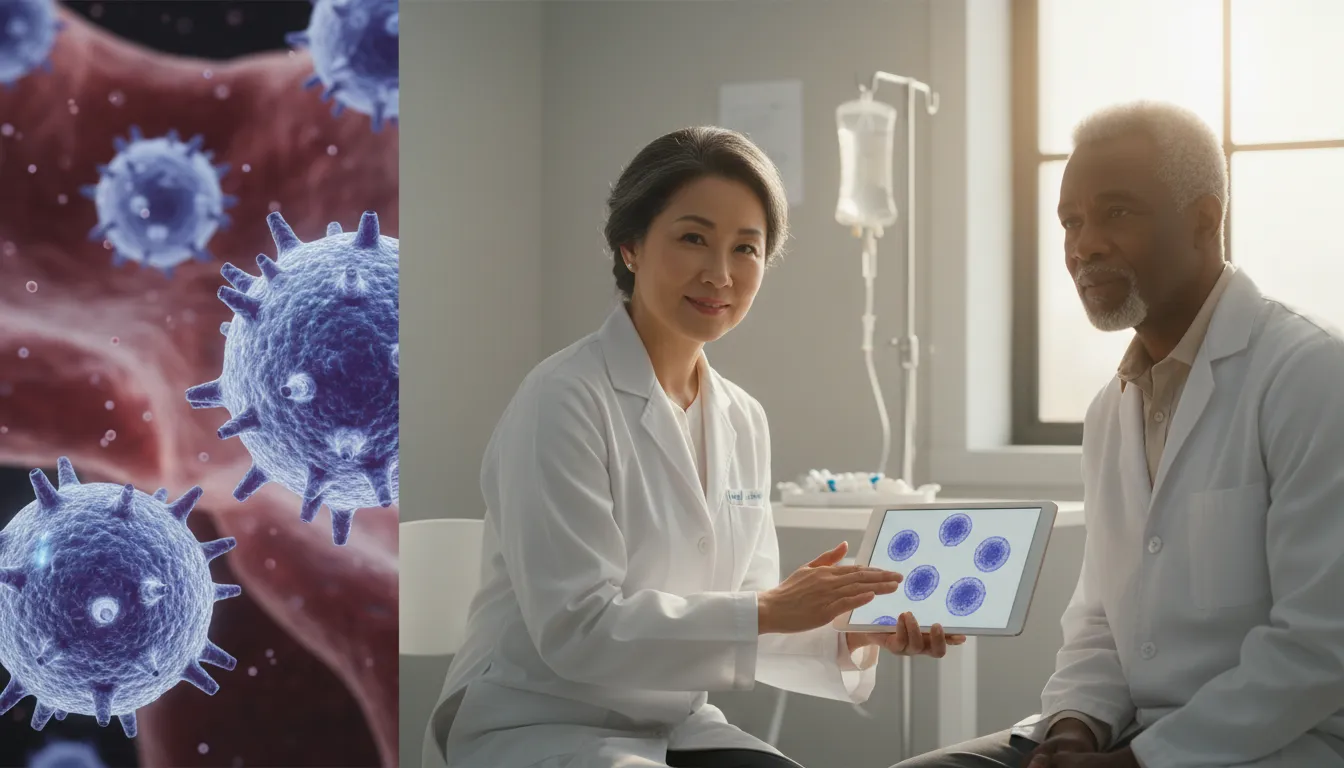 Patient and oncologist discussing CLL treatment options with an inset microscopic view of malignant B lymphocytes and a tray with medications, clinical setting