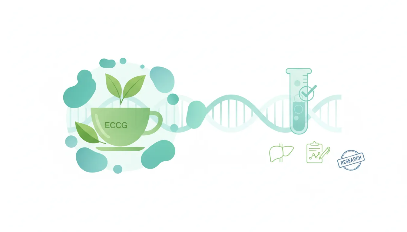 Illustration showing green tea extract (EGCG) and CLL molecular remission concept with lab monitoring and safety cues.