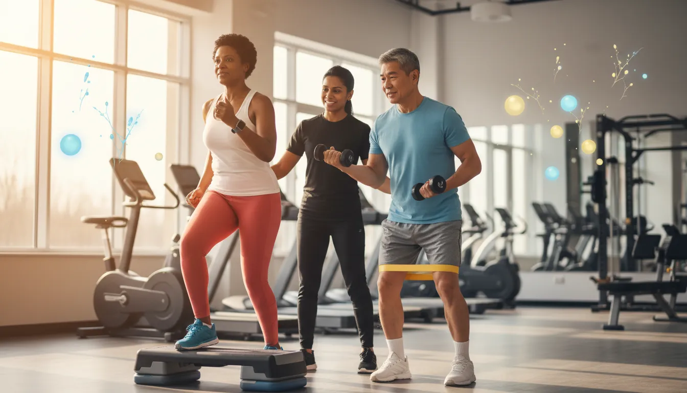 Older adults performing HIIT and strength training in a bright gym, supervised by a trainer, with subtle glowing abstract immune cells symbolizing improved immunity for people with CLL