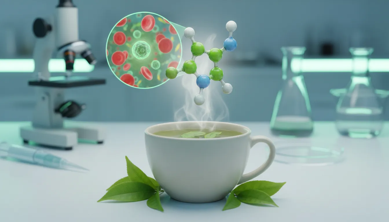 Photorealistic scene: cup of green tea with an abstract molecular model above and a magnified view of blood cells and B lymphocytes in a lab setting