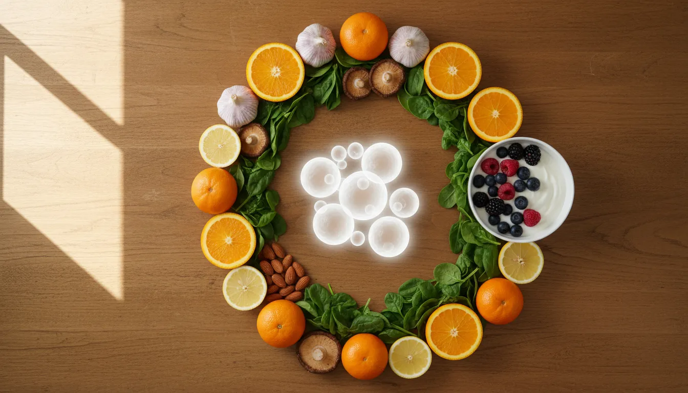 Flat lay of immune-boosting superfoods (citrus, garlic, spinach, yogurt, almonds) surrounding glowing white blood cell symbols