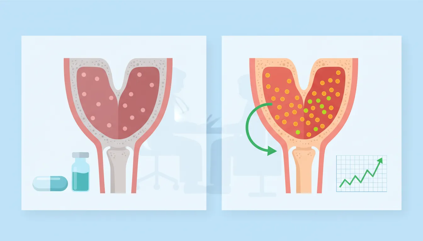 Infographic-style illustration of bone marrow with low platelets on the left and improvement after vitamin B12 (capsule and upward arrow) with a rising platelet chart on the right, plus a blurred doctor-patient silhouette in the background.