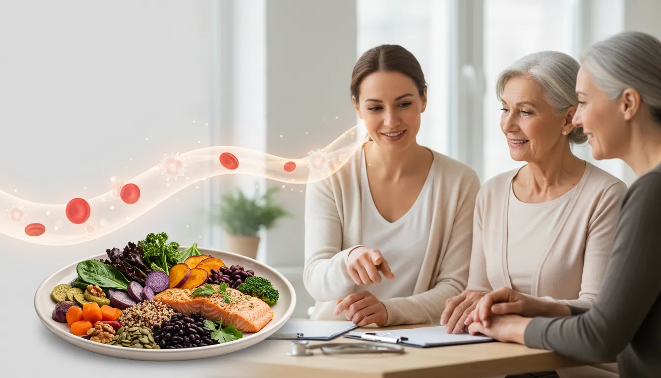 Dietitian and patient discussing a balanced plate of vegetables, whole grains and lean protein with a translucent stream of red blood cells symbolising nutrition supporting blood health