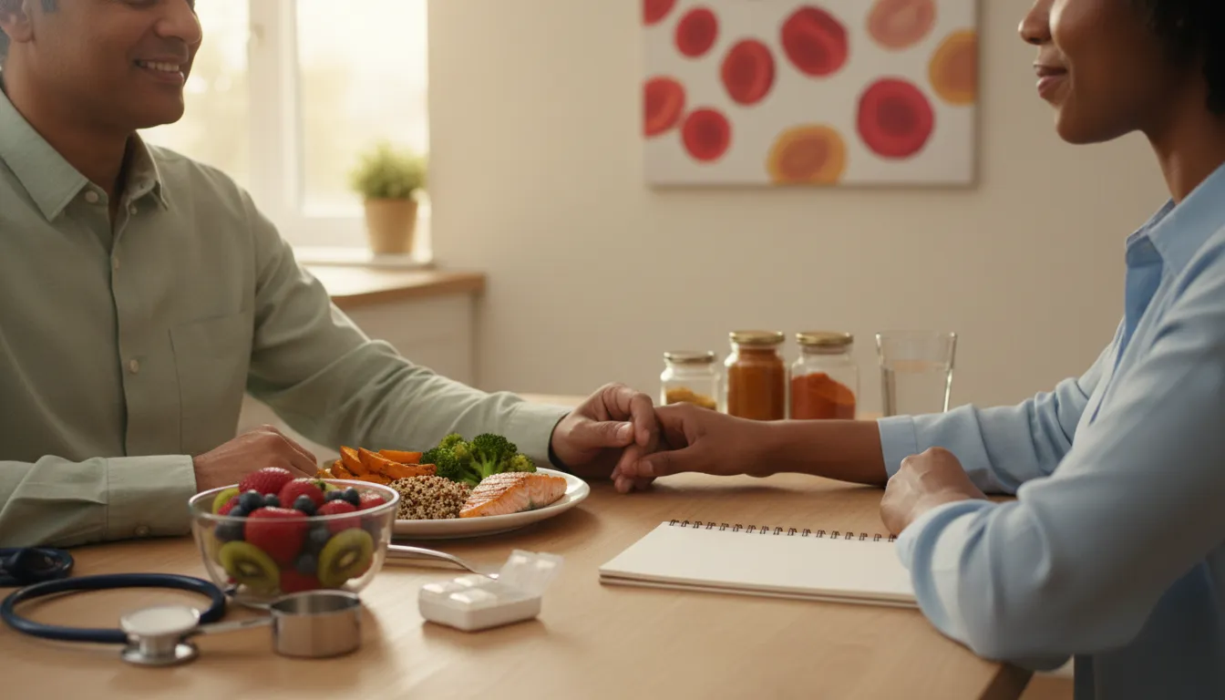 Patient and caregiver at a kitchen table with a balanced healthy meal, water, pill organizer and stethoscope, symbolizing nutrition support for chronic lymphocytic leukemia