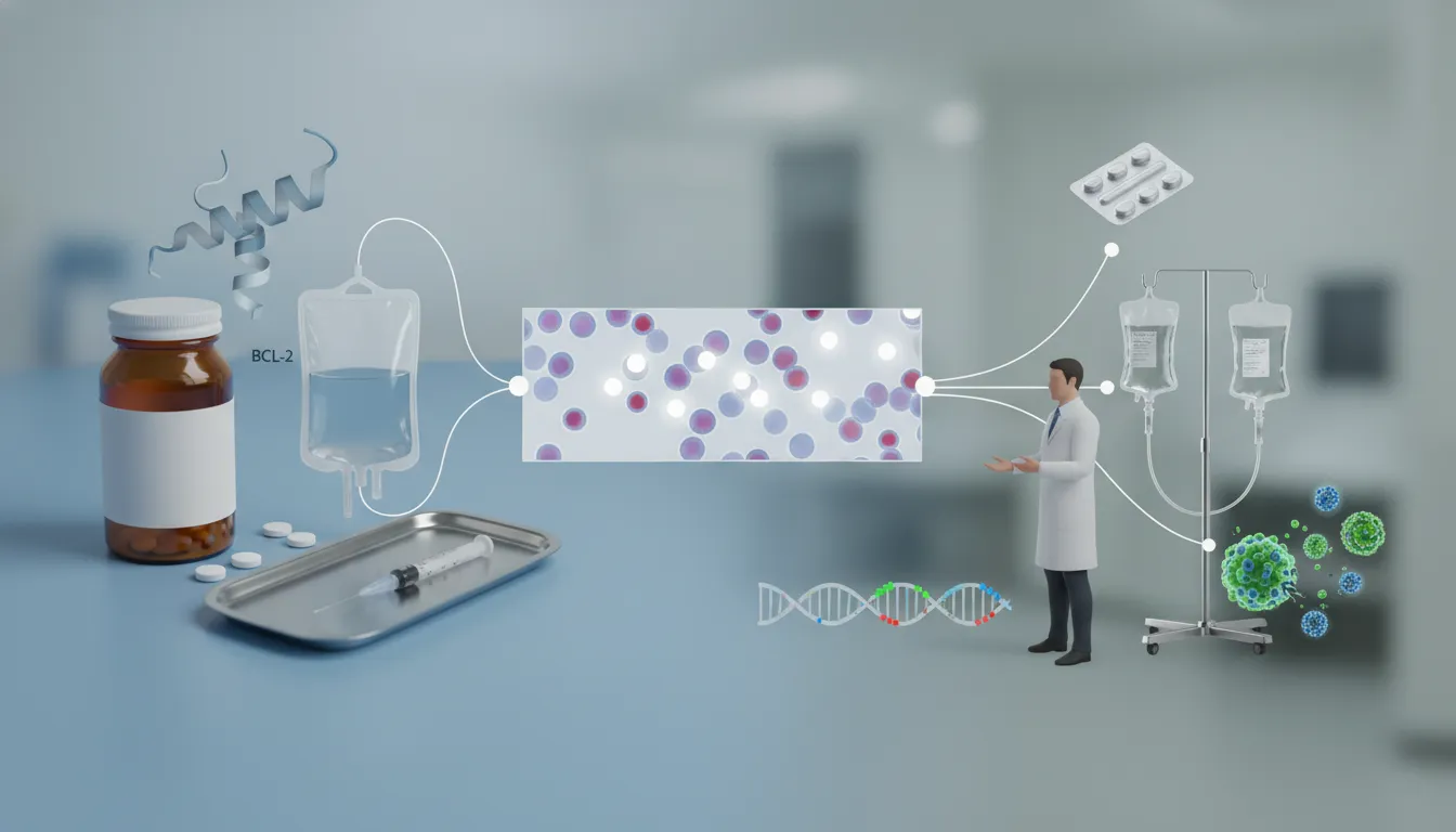 Conceptual medical illustration of clinician reviewing relapse and branching second-line treatment options for chronic lymphocytic leukemia after fixed-duration venetoclax, showing blood cells, molecular markers, DNA and treatment pathways.