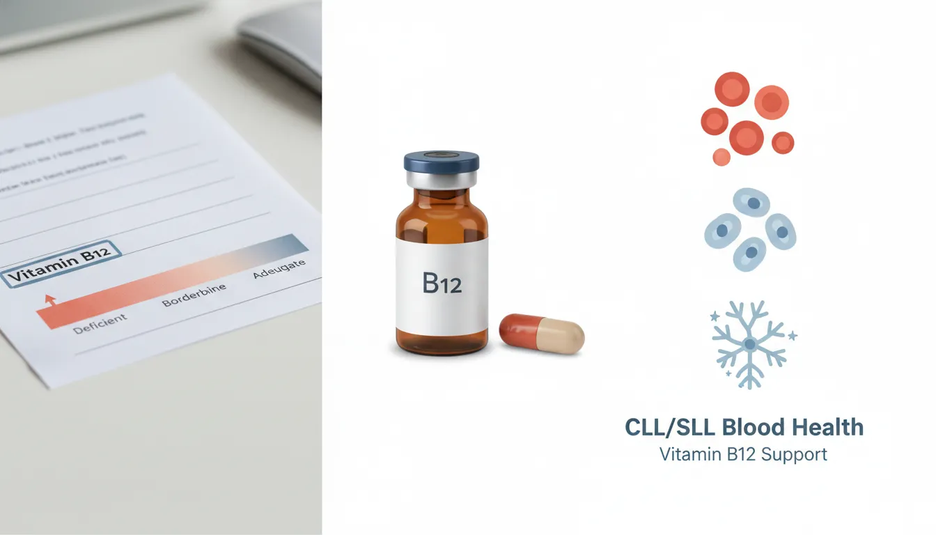 Infographic: vitamin B12 blood test highlighted with vial, blood cell and nerve icons