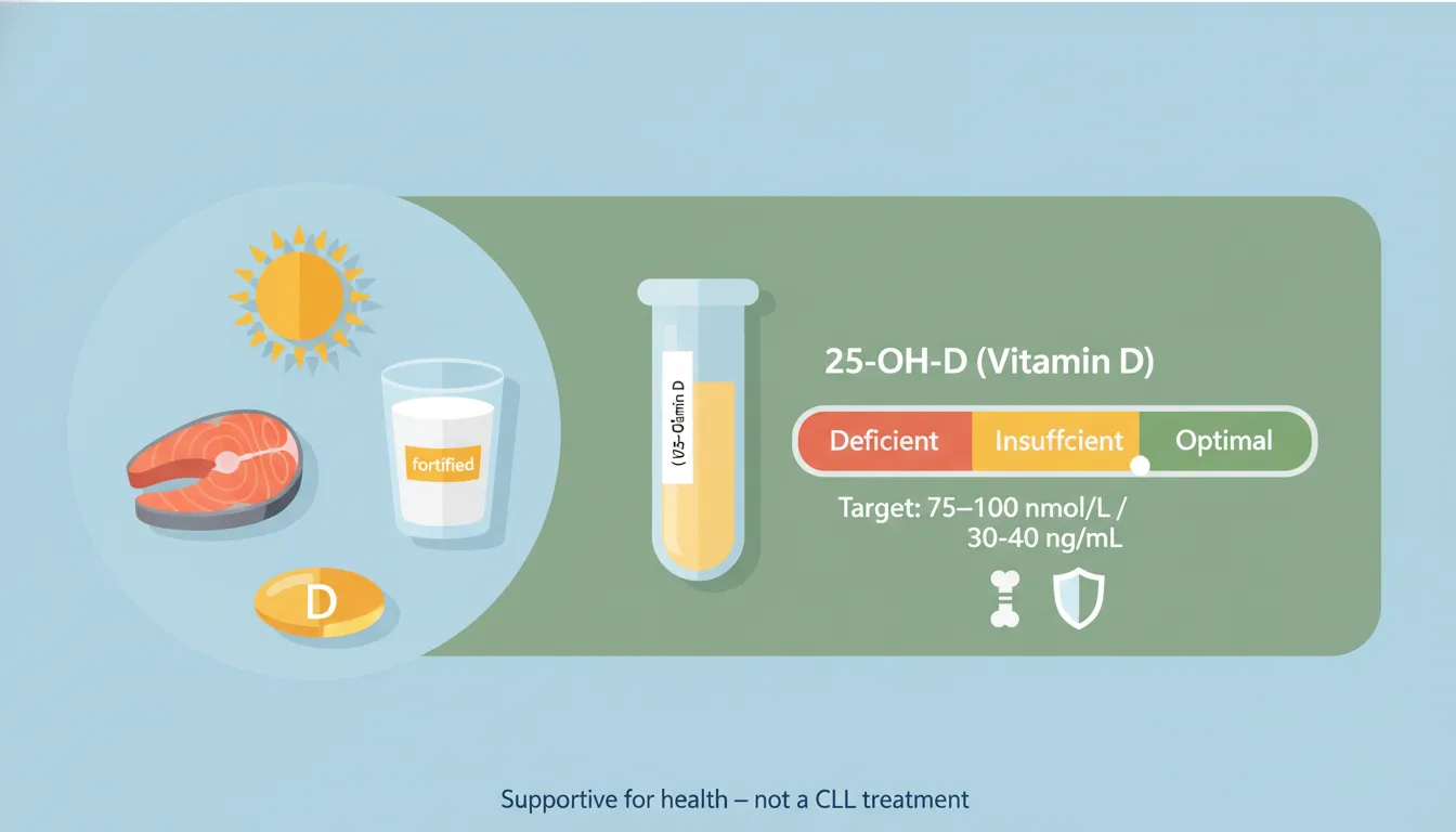 Infographic showing vitamin D sources (sun, fish, milk, supplement) and a blood vial labeled 25‑OH‑D with a gauge indicating an optimal mid-normal level