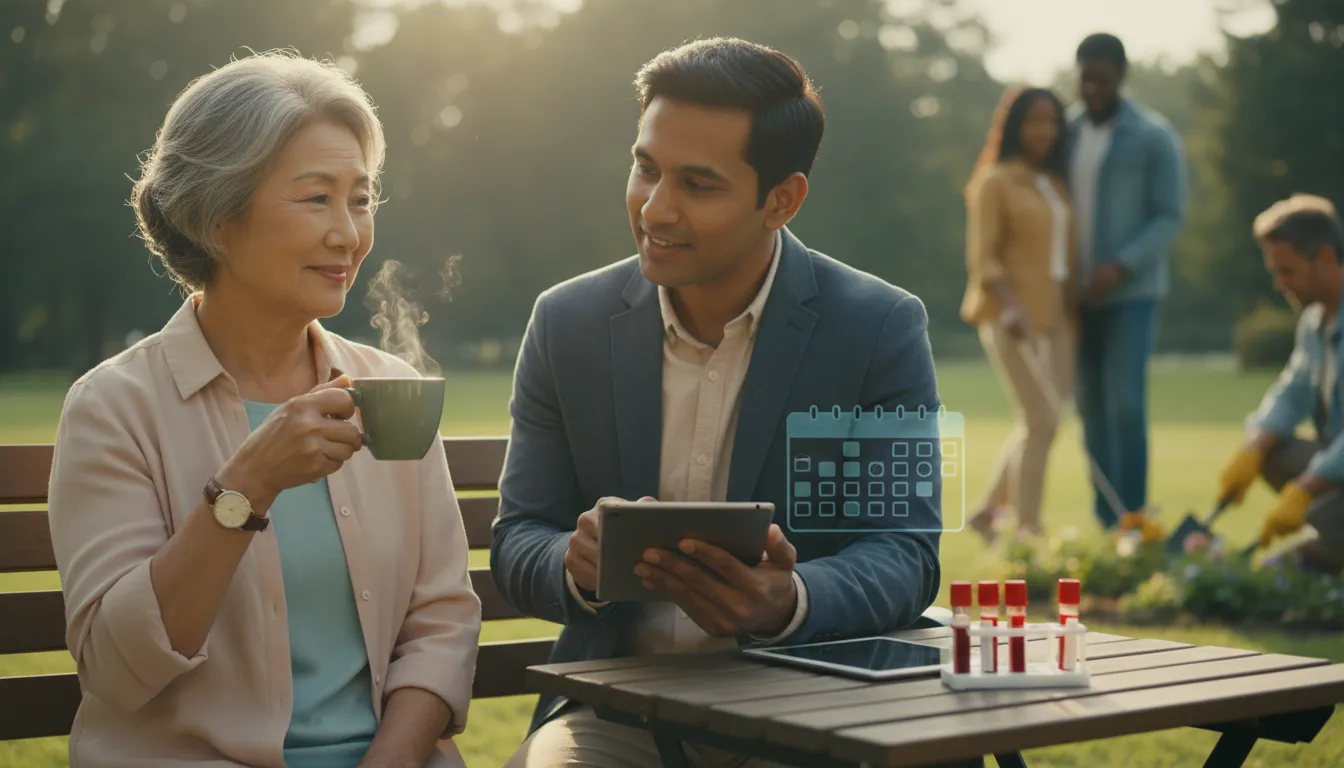 Patient calmly consulting a clinician outdoors with a cup of green tea, blood-test vials and a subtle calendar overlay symbolizing medical monitoring, with background scenes of walking and gardening representing safe activities