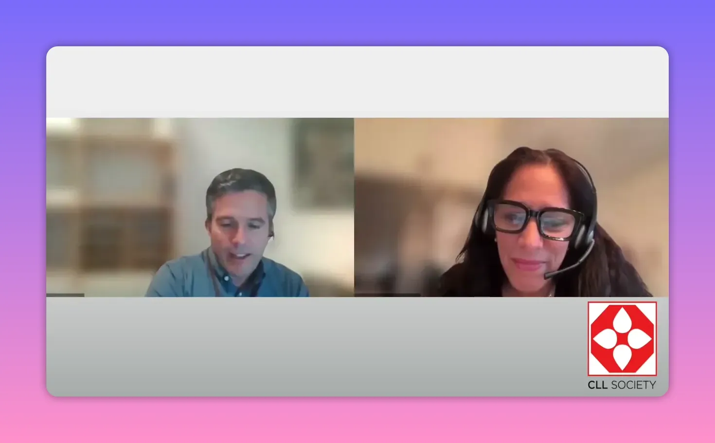 Two webinar participants on a video call discussing TP53 risk and second-line CLL strategies.