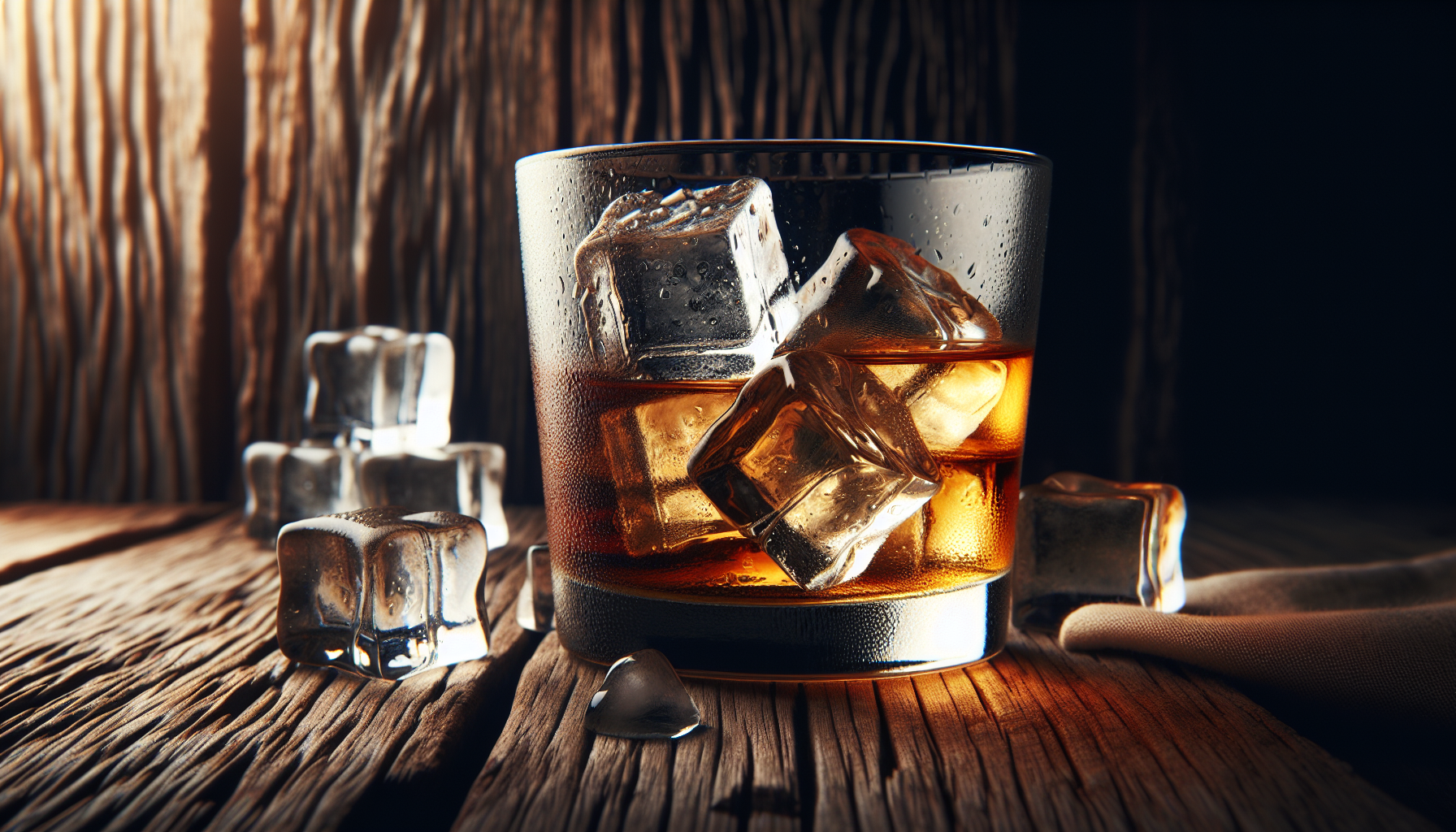 Whiskey glass with large ice cubes on a rustic wooden background.